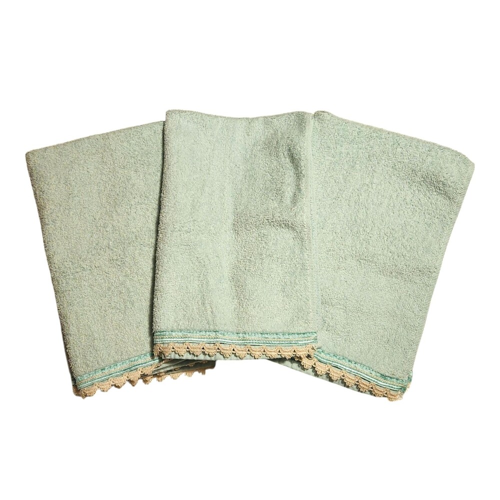 Lot of 5 Vintage Dundee Hand Towels Mint Green with Ribbon & Lace Trim USA Made